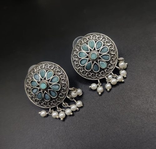 Designer Round Earrings - Antique Oxidised Replica Silver Polish Stud Earrings For Girls