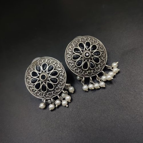 Designer Round Earrings - Antique Oxidised Replica Silver Polish Stud Earrings For Girls