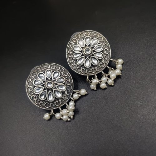 Designer Round Earrings - Antique Oxidised Replica Silver Polish Stud Earrings For Girls