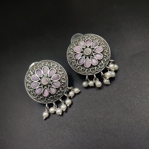 Designer Round Earrings - Antique Oxidised Replica Silver Polish Stud Earrings For Girls