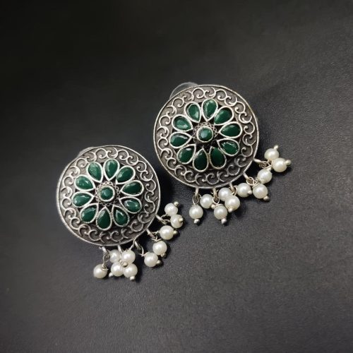 Designer Round Earrings - Antique Oxidised Replica Silver Polish Stud Earrings For Girls