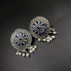 Designer Round Earrings - Antique Oxidised Replica Silver Polish Stud Earrings For Girls