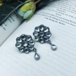 Best Daily Wear Earrings - Designer Round Shape Oxidised Stone Work Stud Earrings For Girls - "White"