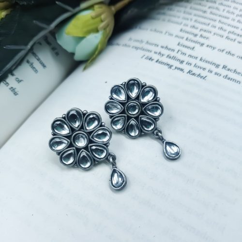 Daily Wear Earrings - Designer Round Shape Oxidised Stone Work Stud Earrings For Girls