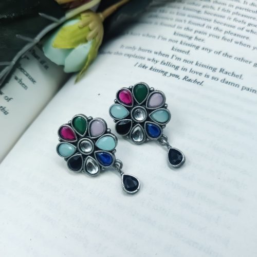 Daily Wear Earrings - Designer Round Shape Oxidised Stone Work Stud Earrings For Girls