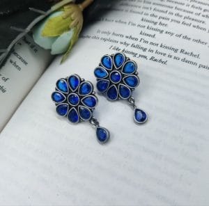 Best Daily Wear Earrings - Designer Round Shape Oxidised Stone Work Stud Earrings For Girls - Color: "Blue"