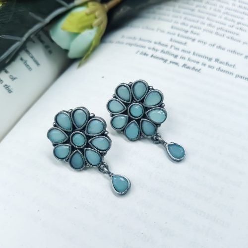 Daily Wear Earrings - Designer Round Shape Oxidised Stone Work Stud Earrings For Girls