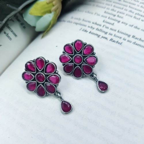Daily Wear Earrings - Designer Round Shape Oxidised Stone Work Stud Earrings For Girls