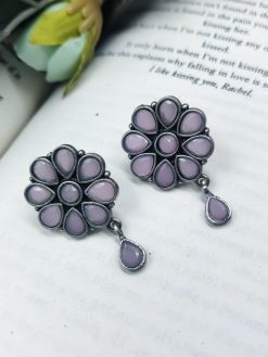 Daily Wear Earrings - Designer Round Shape Oxidised Stone Work Stud Earrings For Girls