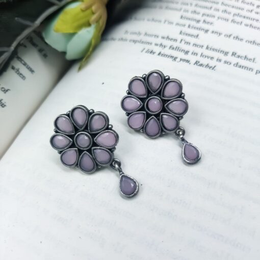 Daily Wear Earrings - Designer Round Shape Oxidised Stone Work Stud Earrings For Girls