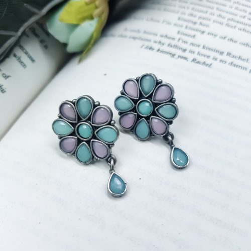 Daily Wear Earrings - Designer Round Shape Oxidised Stone Work Stud Earrings For Girls