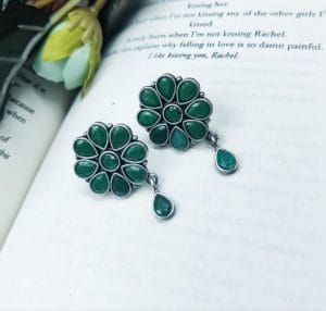 Best Daily Wear Earrings - Designer Round Shape Oxidised Stone Work Stud Earrings For Girls - Color: "Green"