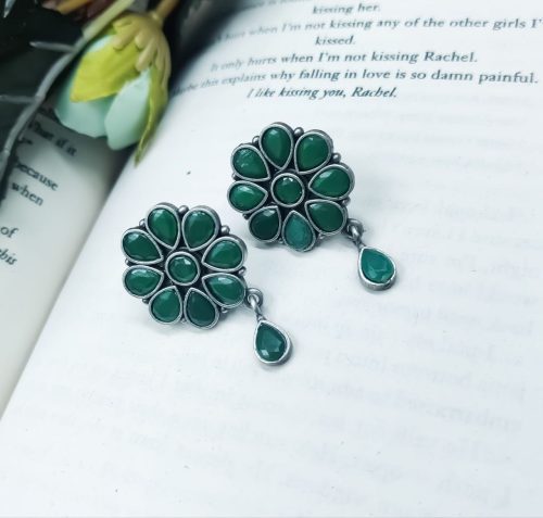 Daily Wear Earrings - Designer Round Shape Oxidised Stone Work Stud Earrings For Girls