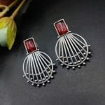 Jaipuri Design Silver Replica Monalisa Stone Stud Earrings For Girls - "Red"