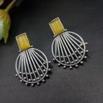 Jaipuri Design Silver Replica Monalisa Stone Stud Earrings For Girls - "Yellow"