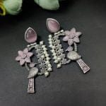 Designer Bird Earring - Silver Replica Monalisa Stone Stud Dangler Earrings With Pearl Work