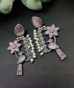 Designer Bird Earring - Silver Replica Monalisa Stone Stud Dangler Earrings With Pearl Work