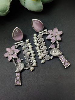 Designer Bird Earring - Silver Replica Monalisa Stone Stud Dangler Earrings With Pearl Work