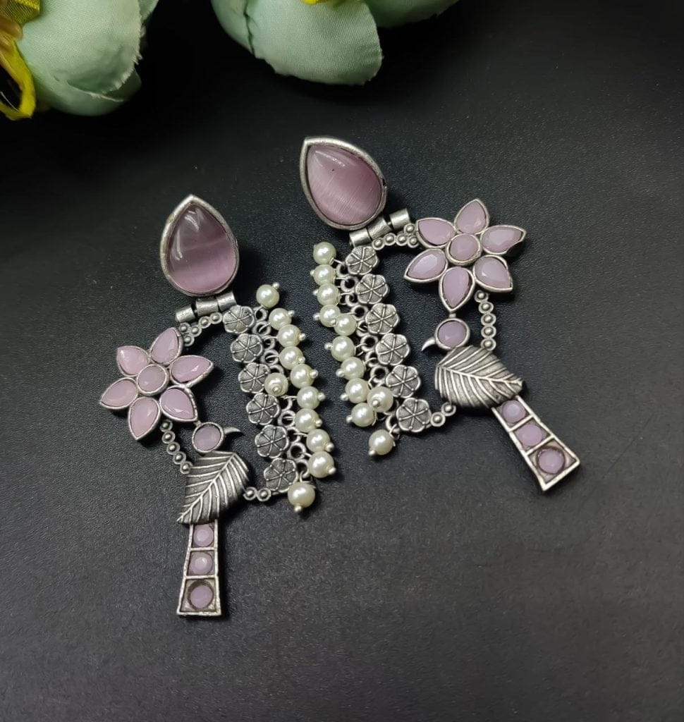 Designer Bird Earring - Silver Replica Monalisa Stone Stud Dangler Earrings With Pearl Work