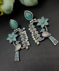 Designer Bird Earring - Silver Replica Monalisa Stone Stud Dangler Earrings With Pearl Work