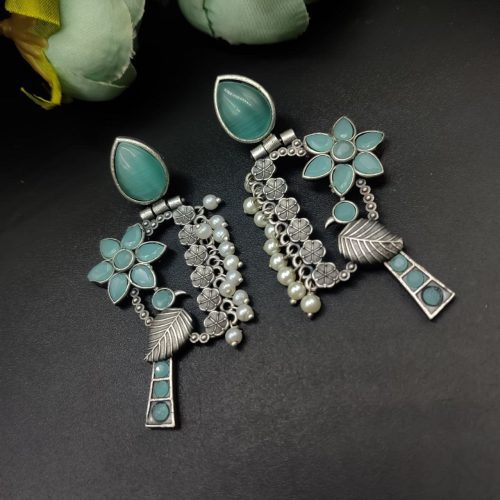 Designer Bird Earring - Silver Replica Monalisa Stone Stud Dangler Earrings With Pearl Work