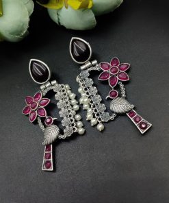 Designer Bird Earring - Silver Replica Monalisa Stone Stud Dangler Earrings With Pearl Work