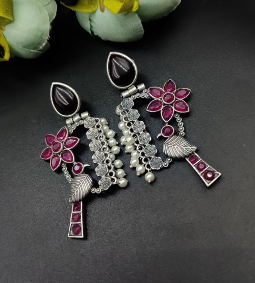 Designer Bird Earring - Silver Replica Monalisa Stone Stud Dangler Earrings With Pearl Work