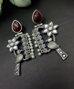 Designer Bird Earring - Silver Replica Monalisa Stone Stud Dangler Earrings With Pearl Work