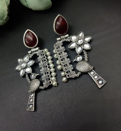 Designer Bird Earring - Silver Replica Monalisa Stone Stud Dangler Earrings With Pearl Work