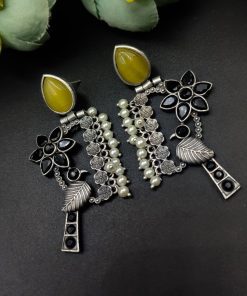 Designer Bird Earring - Silver Replica Monalisa Stone Stud Dangler Earrings With Pearl Work