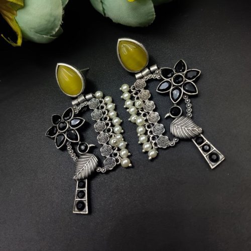 Designer Bird Earring - Silver Replica Monalisa Stone Stud Dangler Earrings With Pearl Work