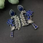 Designer Bird Earring - Silver Replica Monalisa Stone Stud Dangler Earrings With Pearl Work - "Blue"