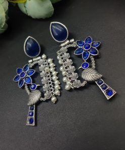 Designer Bird Earring - Silver Replica Monalisa Stone Stud Dangler Earrings With Pearl Work