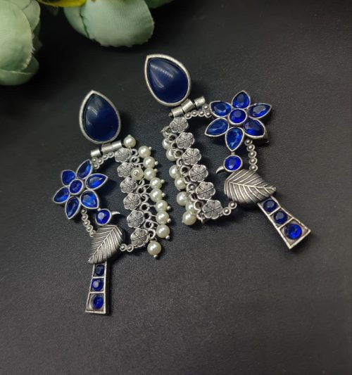 Designer Bird Earring - Silver Replica Monalisa Stone Stud Dangler Earrings With Pearl Work