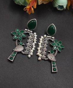 Designer Bird Earring - Silver Replica Monalisa Stone Stud Dangler Earrings With Pearl Work