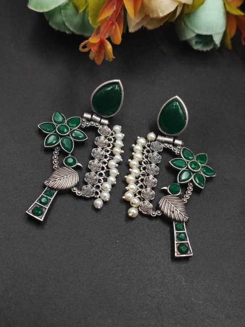 Designer Bird Earring - Silver Replica Monalisa Stone Stud Dangler Earrings With Pearl Work