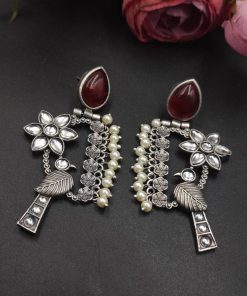 Designer Bird Earring - Silver Replica Monalisa Stone Stud Dangler Earrings With Pearl Work