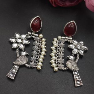 Designer Bird Earring - Silver Replica Monalisa Stone Stud Dangler Earrings With Pearl Work