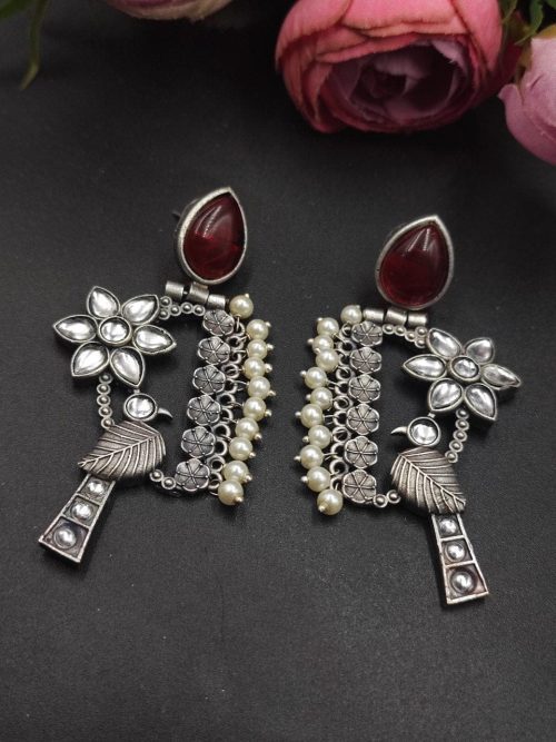 Designer Bird Earring - Silver Replica Monalisa Stone Stud Dangler Earrings With Pearl Work