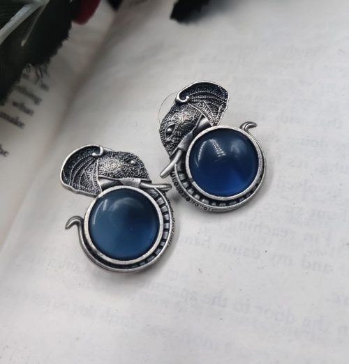 Silver replica elephant design earrings with Monalisa stone studs, perfect for casual wear