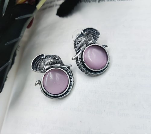 Silver replica elephant design earrings with Monalisa stone studs, perfect for casual wear