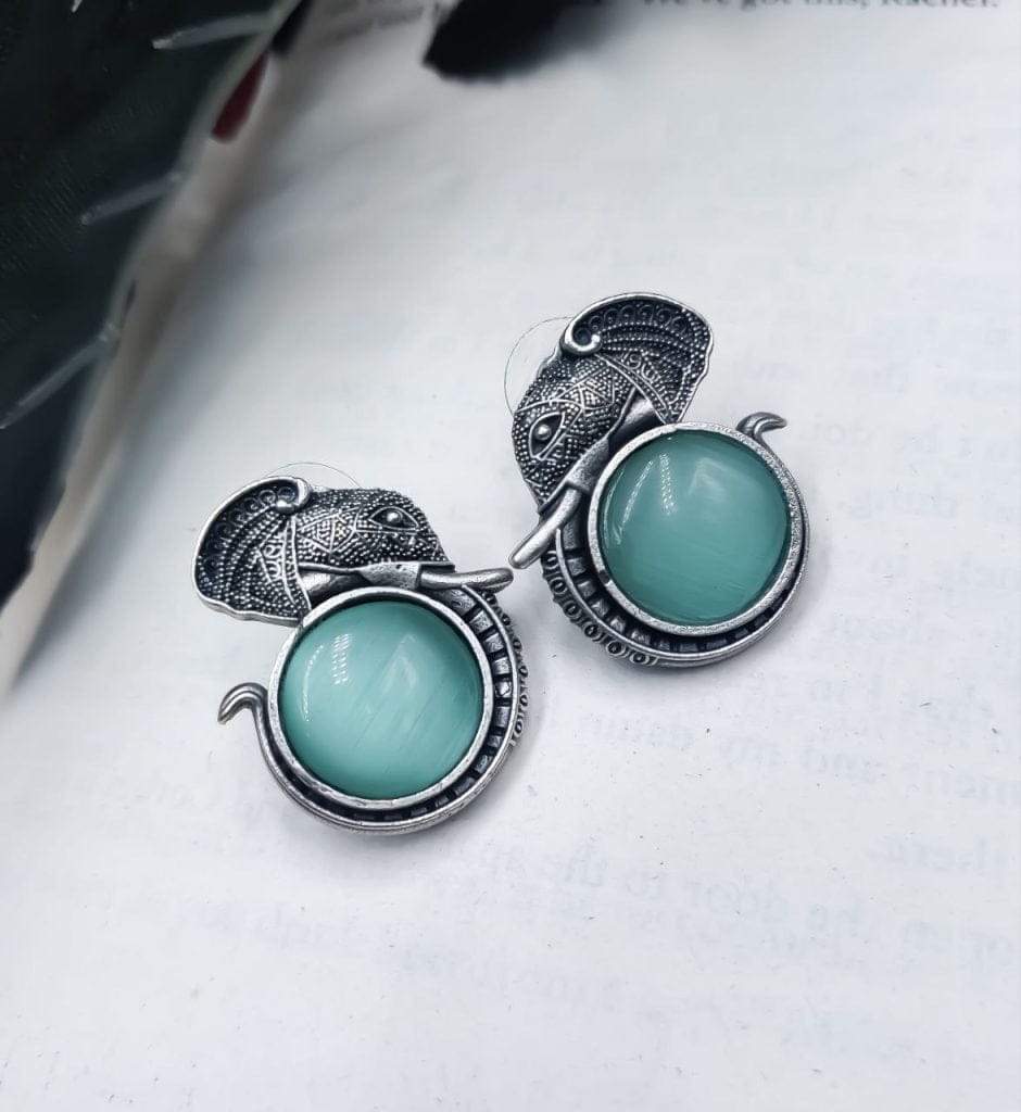 Bulk 758 Adorable Silver Replica Elephant Design Earrings - Monalisa Stone Stud Casual Earring - "Mint"