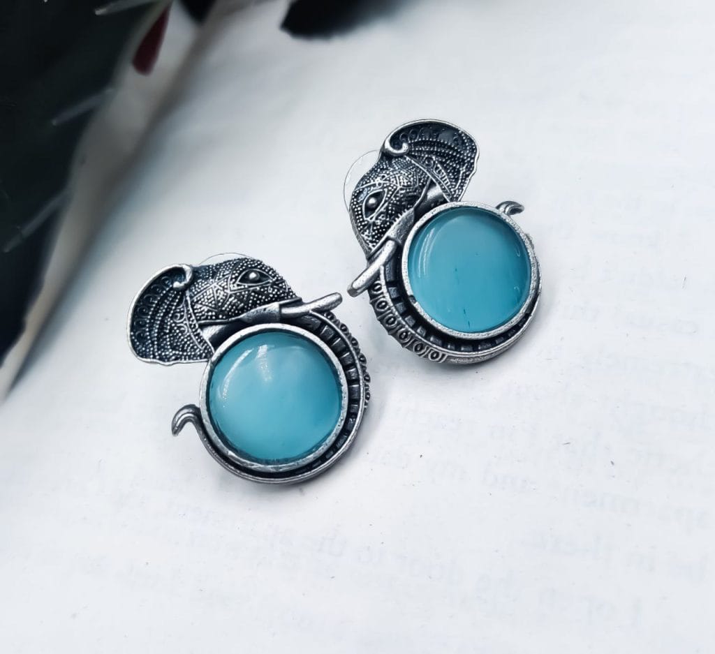 Bulk 762 Adorable Silver Replica Elephant Design Earrings - Monalisa Stone Stud Casual Earring - "Aqua"