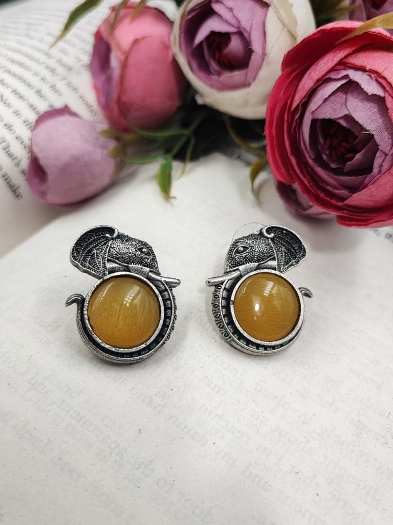 Bulk 754 Adorable Silver Replica Elephant Design Earrings - Monalisa Stone Stud Casual Earring - "Yellow"