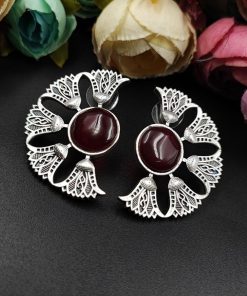 Silver-Replica-Monalisa-Stone-Dangler-Earrings-Half-Round-Stud-Earrings