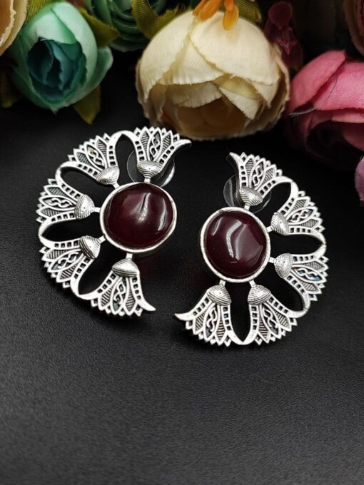 Silver-Replica-Monalisa-Stone-Dangler-Earrings-Half-Round-Stud-Earrings