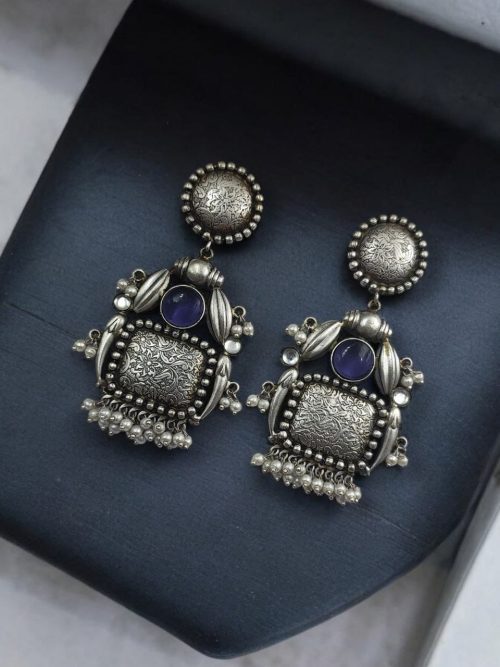 HandMade Silver Replica Monalisa Stone Stud Earrings with Pearl Work