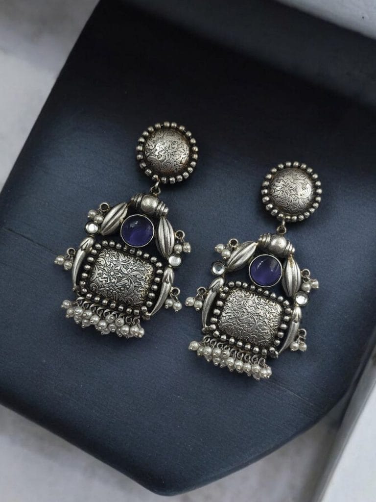 Bulk 314 HandMade Earrings | Best Silver Replica Monalisa Stone Stud with Pearl Work - "Amethyst"
