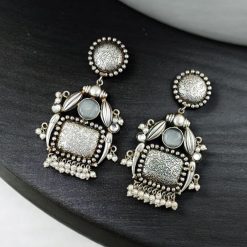 HandMade Silver Replica Monalisa Stone Stud Earrings with Pearl Work