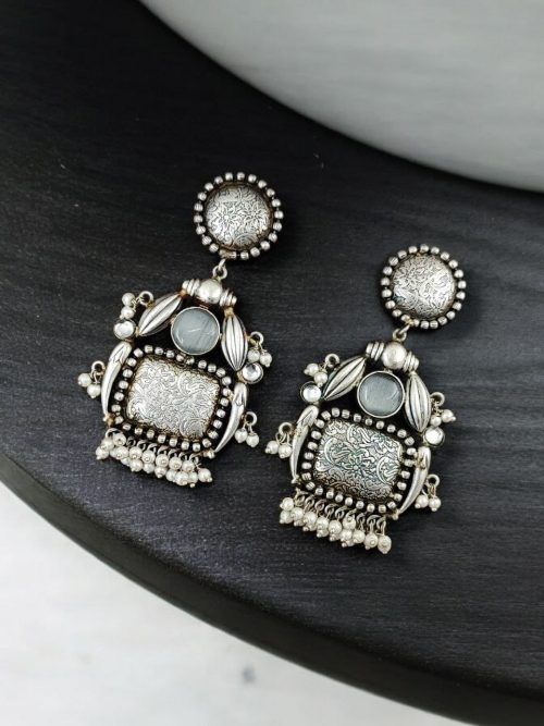 HandMade Silver Replica Monalisa Stone Stud Earrings with Pearl Work